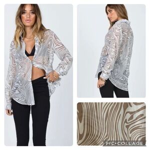 Princess Polly Hayden Swirl Print Button Down Shirt Neutral Sheer Blouse XS 2